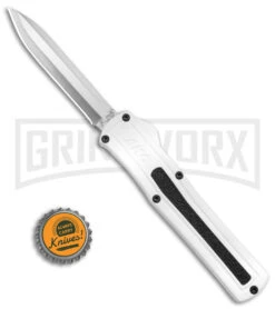 AKC F-20 White D/A OTF Automatic Knife - Spear Point Satin Plain -AKC Knife Shop AKC F 20 D A Spear Point OTF AK White Aluminium 3in Satin BHQ 158200 td size large