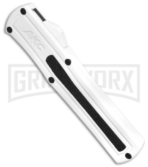 AKC F-20 White D/A OTF Automatic Knife - Spear Point Satin Plain -AKC Knife Shop AKC F 20 D A Spear Point OTF AK White Aluminium 3in Satin BHQ 158200 td spine large