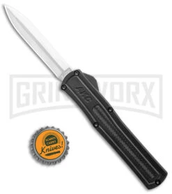 AKC F-20 Black D/A OTF Automatic Knife - Dagger Satin Plain -AKC Knife Shop AKC F 20 DA Dagger OTF Auto Black CF Satin BHQ 141100 jr bottlecap large