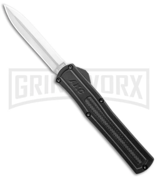 AKC F-20 Black D/A OTF Automatic Knife - Dagger Satin Plain -AKC Knife Shop AKC F 20 DA Dagger OTF Auto Black CF Satin BHQ 141100 jr large