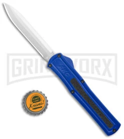 AKC F-20 Blue D/A OTF Automatic Knife - Spear Point Satin Plain -AKC Knife Shop AKC F 20 DA Dagger OTF Auto Blue Satin BHQ 140833 jr bottlecap large