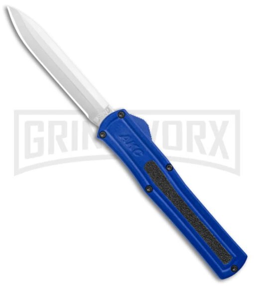 AKC F-20 Blue D/A OTF Automatic Knife - Spear Point Satin Plain -AKC Knife Shop AKC F 20 DA Dagger OTF Auto Blue Satin BHQ 140833 jr large