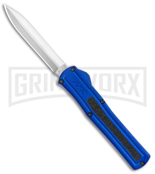 AKC F-20 Blue D/A OTF Automatic Dagger Knife - Satin Plain -AKC Knife Shop AKC F 20 DA Dagger OTF Auto Blue Satin BHQ 141098 jr 2 large