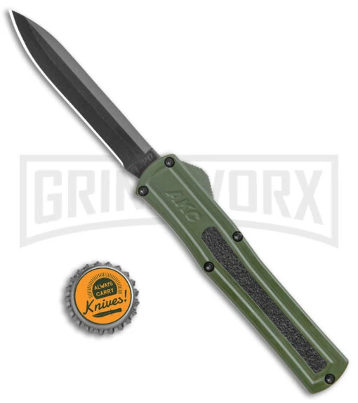 AKC F-20 Green D/A OTF Automatic Knife - Black Plain -AKC Knife Shop AKC F 20 DA Dagger OTF Auto OD Green Black BHQ 140846 jr bottlecap large