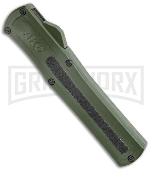 AKC F-20 Green D/A OTF Automatic Knife - Black Plain -AKC Knife Shop AKC F 20 DA Dagger OTF Auto OD Green Black BHQ 140846 jr spine large