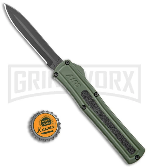 AKC F-20 OD Green Aluminum D/A OTF Automatic Knife - Dagger Black Plain -AKC Knife Shop AKC F 20 DA Dagger OTF Auto OD Green Black BHQ 146285 jr bottlecap large