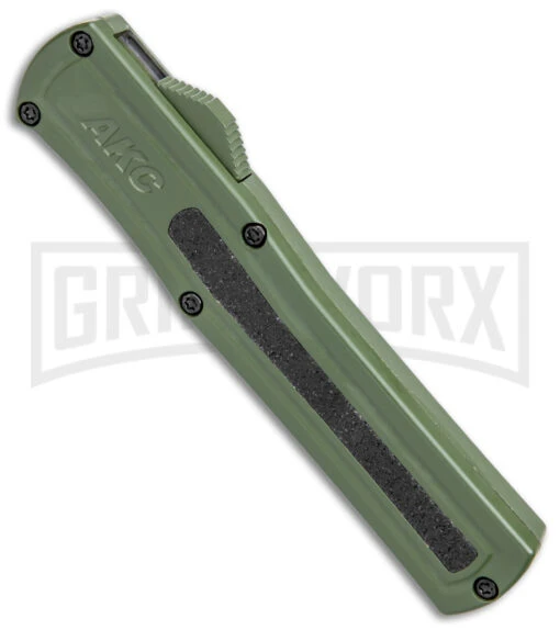 AKC F-20 OD Green Aluminum D/A OTF Automatic Knife - Dagger Black Plain -AKC Knife Shop AKC F 20 DA Dagger OTF Auto OD Green Black BHQ 146285 jr spine large