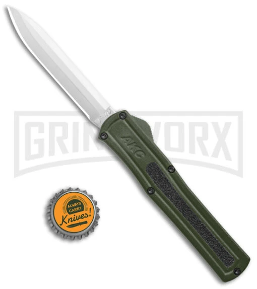 AKC F-20 OD Green D/A OTF Automatic Knife - Satin Plain -AKC Knife Shop AKC F 20 DA Dagger OTF Auto OD Green Satin BHQ 140493 jr bottlecap large