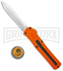 AKC F-20 Orange D/A OTF Drop Point Automatic Knife - Satin Plain -AKC Knife Shop AKC F 20 DA Dagger OTF Auto Orange Satin BHQ 140491 jr bottlecap large