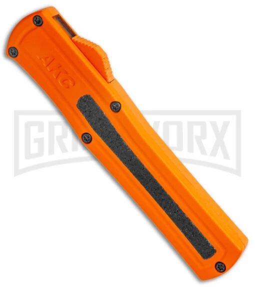 AKC F-20 Orange D/A OTF Drop Point Automatic Knife - Satin Plain -AKC Knife Shop AKC F 20 DA Dagger OTF Auto Orange Satin BHQ 140491 jr spine large