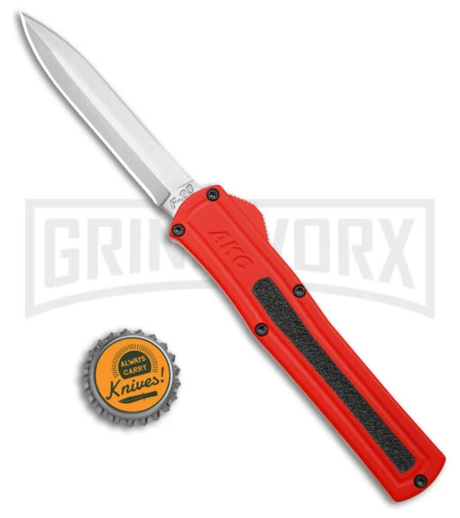 AKC F-20 Red Aluminum DBL Dagger OTF Automatic Knife - Satin Plain -AKC Knife Shop AKC F 20 DA Dagger OTF Auto Red Aluminum Satin BHQ 179208 jr bottlecap large