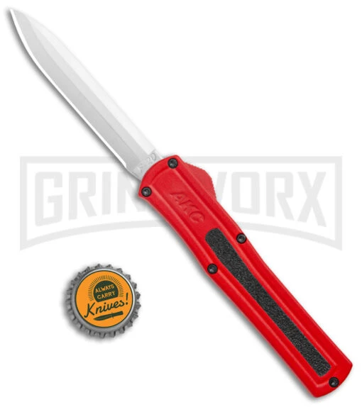 AKC F-20 Red D/A OTF Automatic Knife - Satin Plain -AKC Knife Shop AKC F 20 DA Dagger OTF Auto Red Satin BHQ 140483 jr bottlecap large