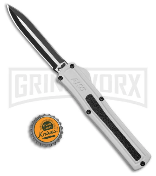 AKC F-20 White Aluminum D/A Dagger OTF Automatic Knife - Two Tone Plain -AKC Knife Shop AKC F 20 DA Dagger OTF Auto White Aluminum TT BHQ 179206 jr bottlecap large