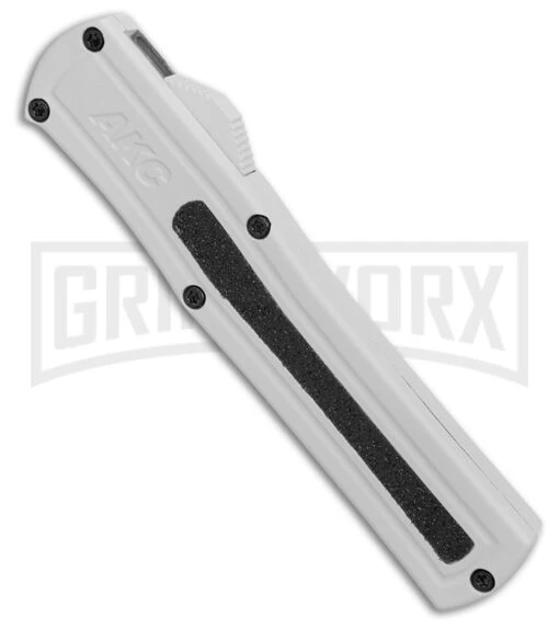 AKC F-20 White Aluminum D/A Dagger OTF Automatic Knife - Two Tone Plain -AKC Knife Shop AKC F 20 DA Dagger OTF Auto White Aluminum TT BHQ 179206 jr spine large