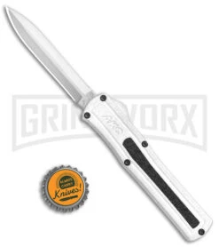 AKC F-20 White D/A OTF Automatic Knife - Dagger Satin Plain -AKC Knife Shop AKC F 20 DA Dagger OTF Auto White Satin BHQ 141065 jr bottlecap 2 large