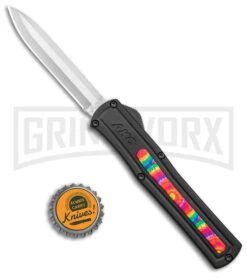 AKC F-20 Black W/ Tie Dye Inlay D/A OTF Automatic Knife - Satin Plain -AKC Knife Shop AKC F 20 DA SP OTF Auto Black Tie Dye Inlay Satin BHQ 152893 jr bottlecap large