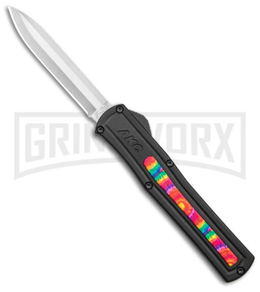 AKC F-20 Black W/ Tie Dye Inlay D/A OTF Automatic Knife - Satin Plain -AKC Knife Shop AKC F 20 DA SP OTF Auto Black Tie Dye Inlay Satin BHQ 152893 jr large