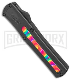 AKC F-20 Black W/ Tie Dye Inlay D/A OTF Automatic Knife - Satin Plain -AKC Knife Shop AKC F 20 DA SP OTF Auto Black Tie Dye Inlay Satin BHQ 152893 jr spine large