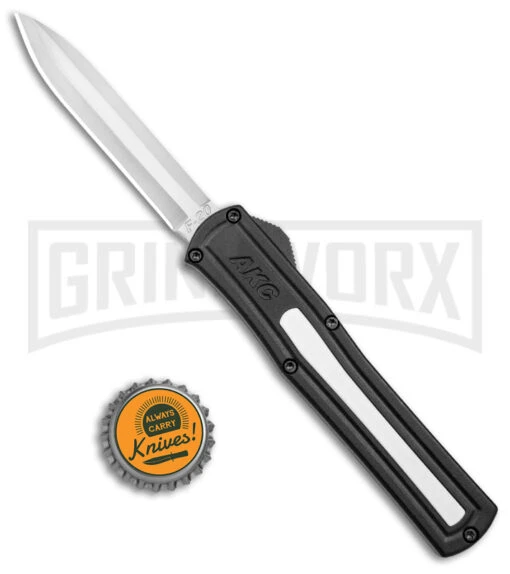 AKC F-20 Black W/ White Inlay D/A OTF Automatic Knife - Satin Plain -AKC Knife Shop AKC F 20 DA SP OTF Auto Black White Inlay Satin BHQ 152917 jr bottlecap large