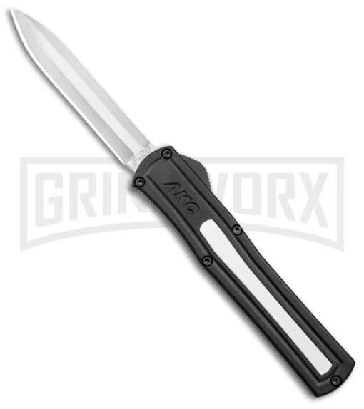 AKC F-20 Black W/ White Inlay D/A OTF Automatic Knife - Satin Plain -AKC Knife Shop AKC F 20 DA SP OTF Auto Black White Inlay Satin BHQ 152917 jr large