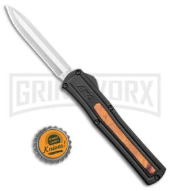 AKC F-20 Black W/ Wood Inlay D/A OTF Automatic Knife - Satin Plain -AKC Knife Shop AKC F 20 DA SP OTF Auto Black Wood Inlay Satin BHQ 152445 jr bottlecap large