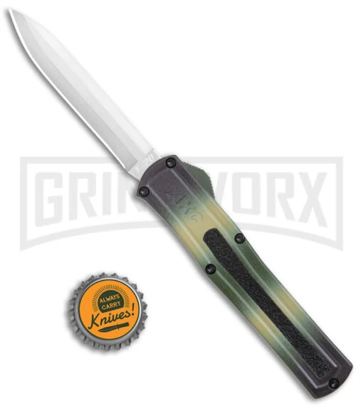 AKC F-20 Camo D/A OTF Automatic Knife - Spear Point Satin Plain -AKC Knife Shop AKC F 20 DA SP OTF Auto Camo Satin BHQ 141095 jr bottlecap large