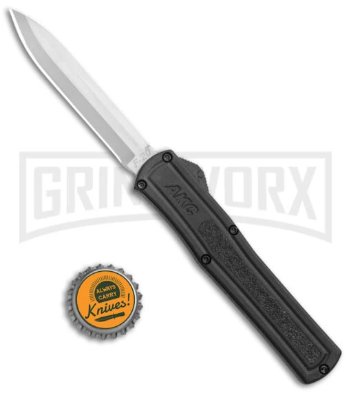 AKC F-20 Black D/A OTF Automatic Knife - Spear Point Satin Plain -AKC Knife Shop AKC F 20 DA SP OTF Auto black Satin BHQ 141097 jr bottlecap large