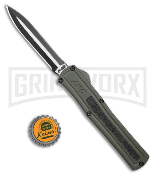 AKC F-20 OD Green Aluminum Dagger OTF Automatic Knife - 2-Tone Black Plain -AKC Knife Shop AKC F 20 Dagger OTF Auto OD Green Aluminum TT Black BHQ 179398 jr bottlecap large