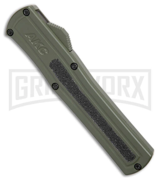 AKC F-20 OD Green Aluminum Dagger OTF Automatic Knife - 2-Tone Black Plain -AKC Knife Shop AKC F 20 Dagger OTF Auto OD Green Aluminum TT Black BHQ 179398 jr spine large