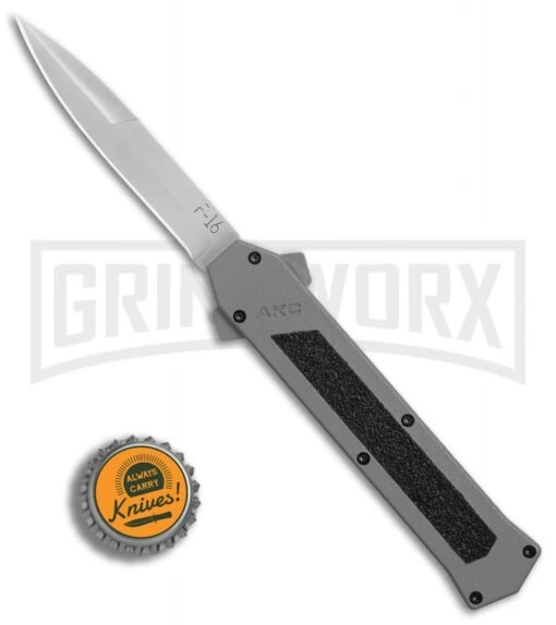 AKC F-16 Gray D/A OTF Automatic Knife - Bayo Satin Plain -AKC Knife Shop AKC F16 DA Bayo Satin Plain BP 25691 er bottlecap large