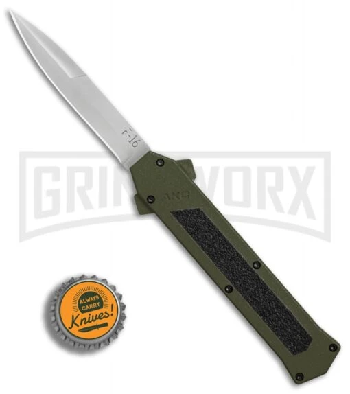 AKC F-16 OD Green D/A OTF Automatic Knife - Bayo Satin Plain -AKC Knife Shop AKC F16 OD Green DA Bayo Satin Plain BP 25690 er bottlecap large