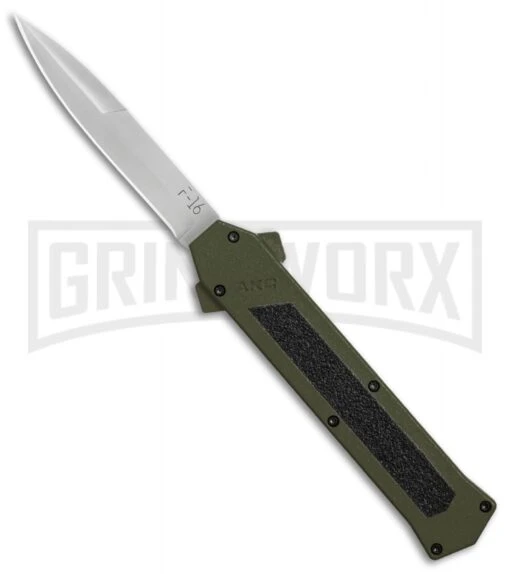 AKC F-16 OD Green D/A OTF Automatic Knife - Bayo Satin Plain -AKC Knife Shop AKC F16 OD Green DA Bayo Satin Plain BP 25690 er large