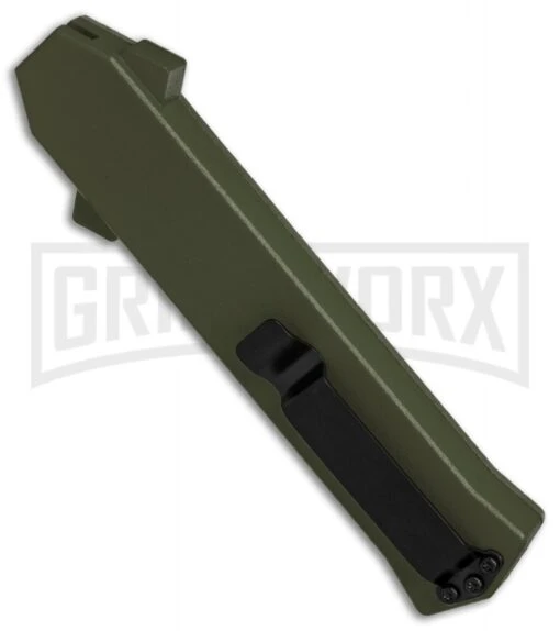 AKC F-16 OD Green D/A OTF Automatic Knife - Bayo Satin Plain -AKC Knife Shop AKC F16 OD Green DA Bayo Satin Plain BP 25690 er side large