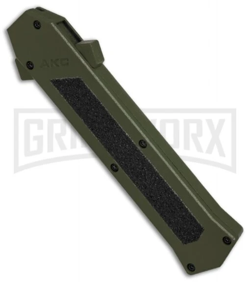 AKC F-16 OD Green D/A OTF Automatic Knife - Bayo Satin Plain -AKC Knife Shop AKC F16 OD Green DA Bayo Satin Plain BP 25690 er spine large