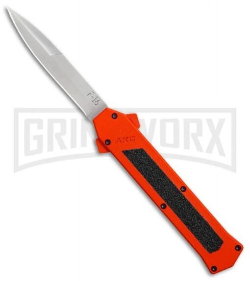 AKC F-16 Orange D/A OTF Automatic Knife - Bayo Satin Plain -AKC Knife Shop AKC F16 Orange DA Bayo Satin Plain BP 25689 er large