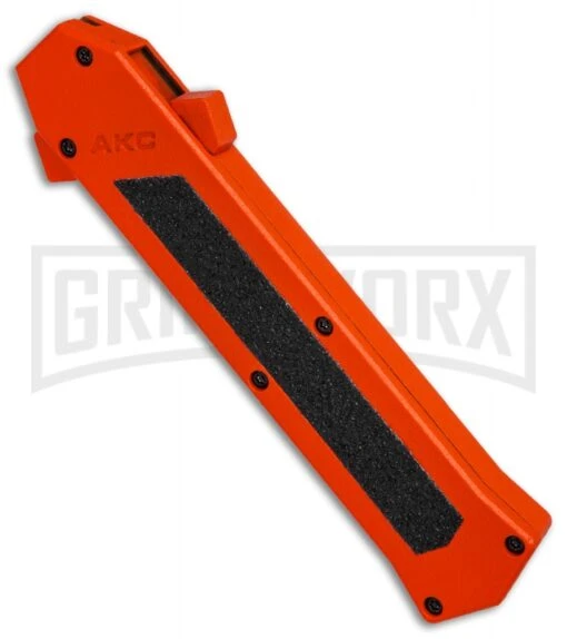 AKC F-16 Orange D/A OTF Automatic Knife - Bayo Satin Plain -AKC Knife Shop AKC F16 Orange DA Bayo Satin Plain BP 25689 er spine large