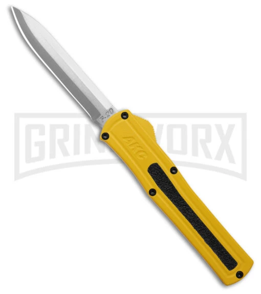 AKC F-20 D/A Drop Point Yellow OTF Automatic Knife - Satin Plain -AKC Knife Shop AKC F20 DA DP OTF AK Yelow 3in Satin BHQ 178601 td large