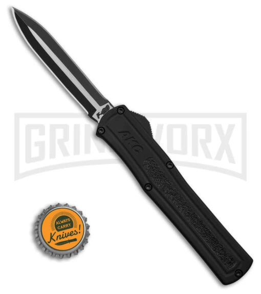 AKC F-20 D/A Dagger Black Aluminum OTF Automatic Knife - Two Tone Plain -AKC Knife Shop AKC F20 DA Dagger OTF AK Black Alum 3in Two Tone BHQ 178763 td size large