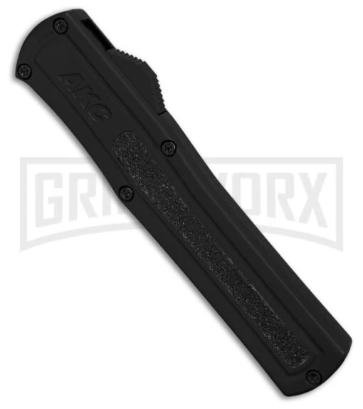 AKC F-20 D/A Dagger Black Aluminum OTF Automatic Knife - Two Tone Plain -AKC Knife Shop AKC F20 DA Dagger OTF AK Black Alum 3in Two Tone BHQ 178763 td spine large