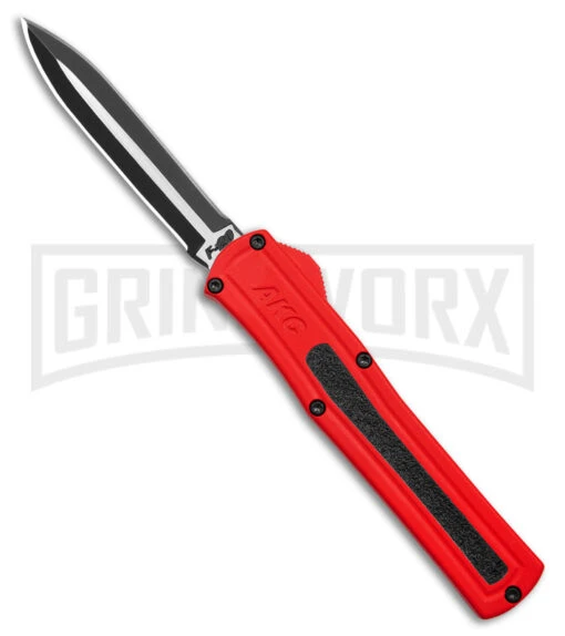 AKC F-20 D/A Dagger Dark Red Aluminum OTF Automatic Knife - Two Tone Plain -AKC Knife Shop AKC F20 DA Dagger OTF AK Red Alum 3in Two Tone BHQ 178590 td large