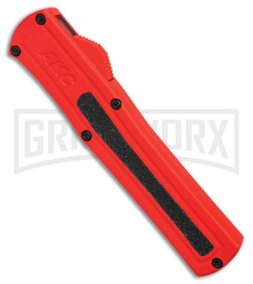 AKC F-20 D/A Dagger Dark Red Aluminum OTF Automatic Knife - Two Tone Plain -AKC Knife Shop AKC F20 DA Dagger OTF AK Red Alum 3in Two Tone BHQ 178590 td spine large