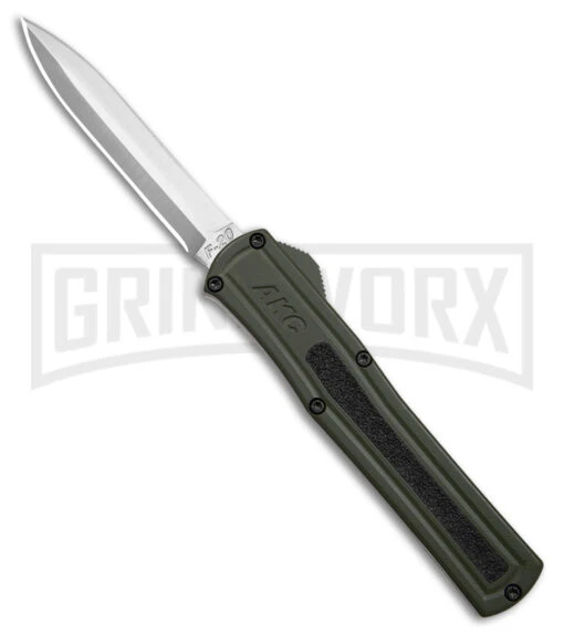 AKC F-20 D/A OTF OD Green Aluminum Automatic Knife - Satin Plain -AKC Knife Shop AKC F20 DA OTF AK Dagger OD Green Alum 3in Satin BHQ 178613 td large