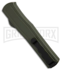 AKC F-20 D/A OTF OD Green Aluminum Automatic Knife - Satin Plain -AKC Knife Shop AKC F20 DA OTF AK Dagger OD Green Alum 3in Satin BHQ 178613 td side large