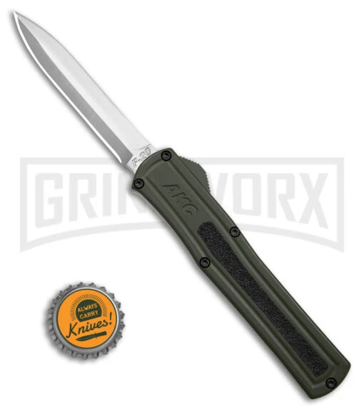 AKC F-20 D/A OTF OD Green Aluminum Automatic Knife - Satin Plain -AKC Knife Shop AKC F20 DA OTF AK Dagger OD Green Alum 3in Satin BHQ 178613 td size large