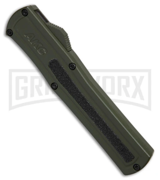 AKC F-20 D/A OTF OD Green Aluminum Automatic Knife - Satin Plain -AKC Knife Shop AKC F20 DA OTF AK Dagger OD Green Alum 3in Satin BHQ 178613 td spine large