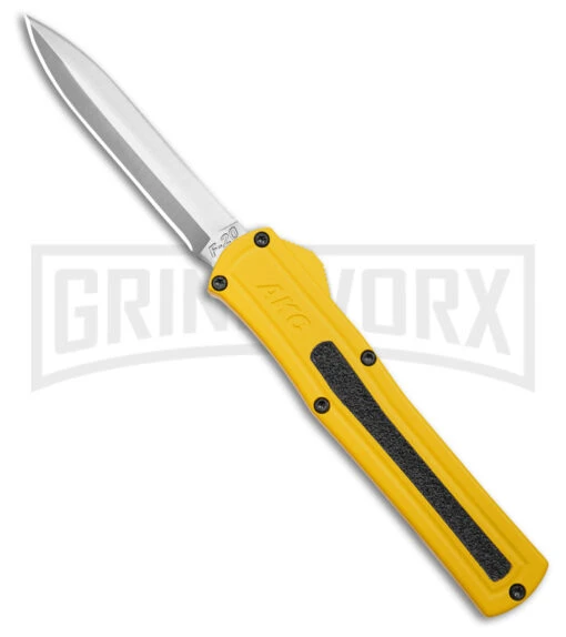 AKC F-20 D/A Dagger Yellow Aluminum OTF Automatic Knife - Satin Plain -AKC Knife Shop AKC F20 DA OTF AK Dagger yellow Alum 3in Satin BHQ 178761 td large