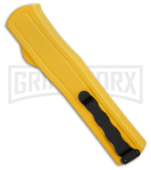 AKC F-20 D/A Dagger Yellow Aluminum OTF Automatic Knife - Satin Plain -AKC Knife Shop AKC F20 DA OTF AK Dagger yellow Alum 3in Satin BHQ 178761 td side large