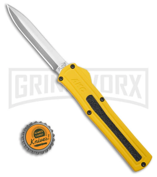 AKC F-20 D/A Dagger Yellow Aluminum OTF Automatic Knife - Satin Plain -AKC Knife Shop AKC F20 DA OTF AK Dagger yellow Alum 3in Satin BHQ 178761 td size large