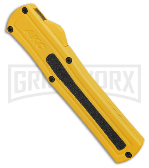 AKC F-20 D/A Dagger Yellow Aluminum OTF Automatic Knife - Satin Plain -AKC Knife Shop AKC F20 DA OTF AK Dagger yellow Alum 3in Satin BHQ 178761 td spine large