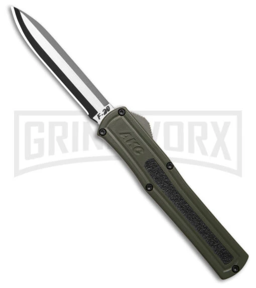 AKC F-20 OD Green D/A OTF Automatic Knife - Two-Tone Plain -AKC Knife Shop AKC F20 DA OTF Automatic Knife OD Green Aluminum 3.6in Two Tone BHQ 184778 hd large